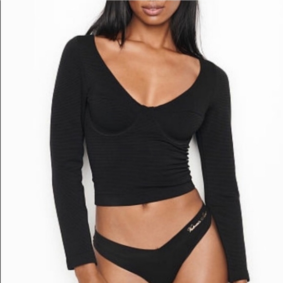 VICTORIA'S SECRET Crop Top Underwire Long Sleeve Black Womens Size S Going Out - Picture 1 of 11